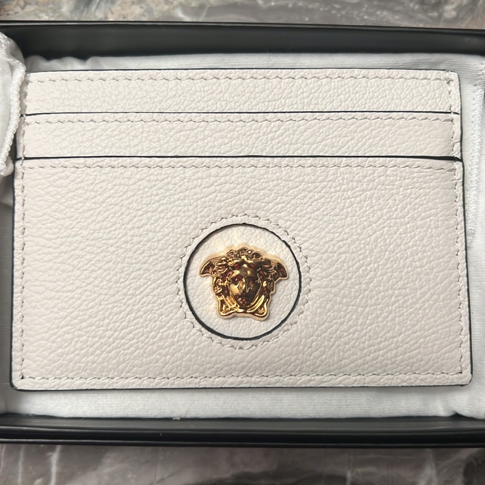 Versace White Leather Card Holder with Gold Medusa Logo